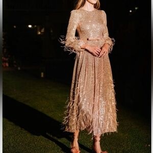 ANTONIO MELANI xNicola Bathie Nicola Sequin Belted Feathered A-Line 0 dress